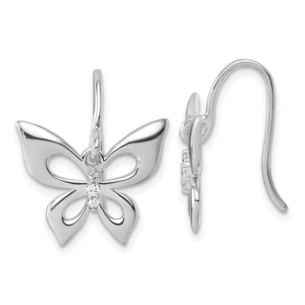 Sterling Silver Rhodium Plated White Ice .05 Dia Butterfly Dangle Earrings