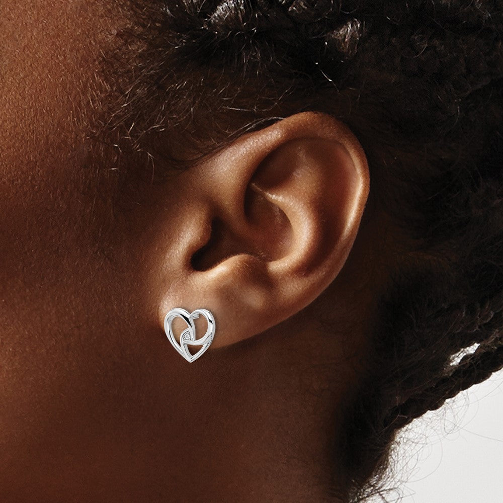 Sterling Silver Rhodium Plated White Ice .01 Dia Fancy Heart Post Earrings