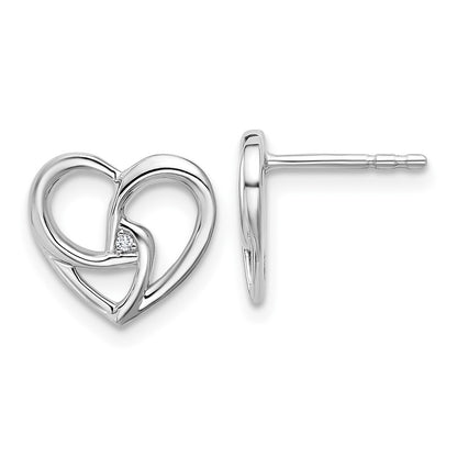 Sterling Silver Rhodium Plated White Ice .01 Dia Fancy Heart Post Earrings