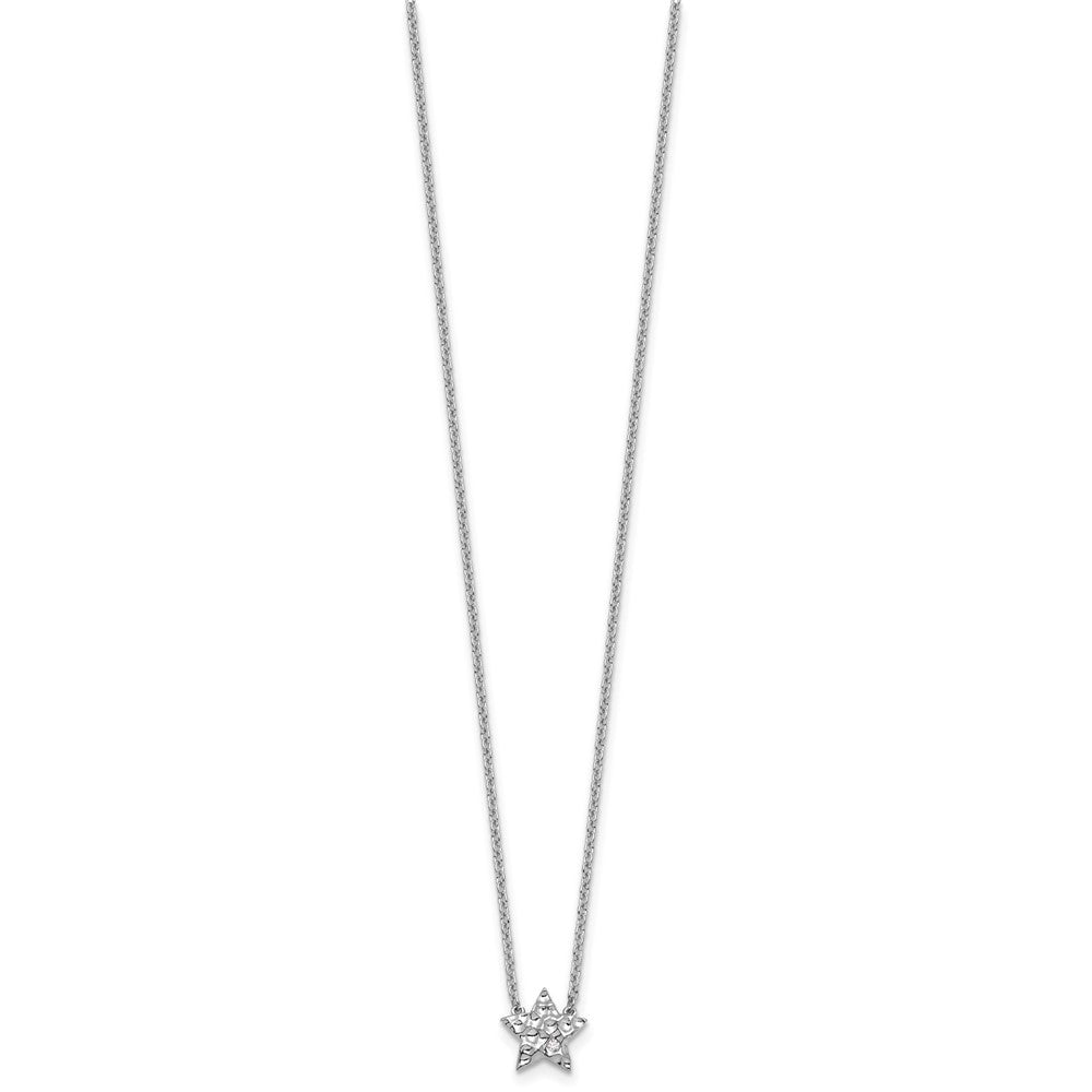 Sterling Silver Rhodium Plated White Ice .01 Dia Textured Star Necklace
