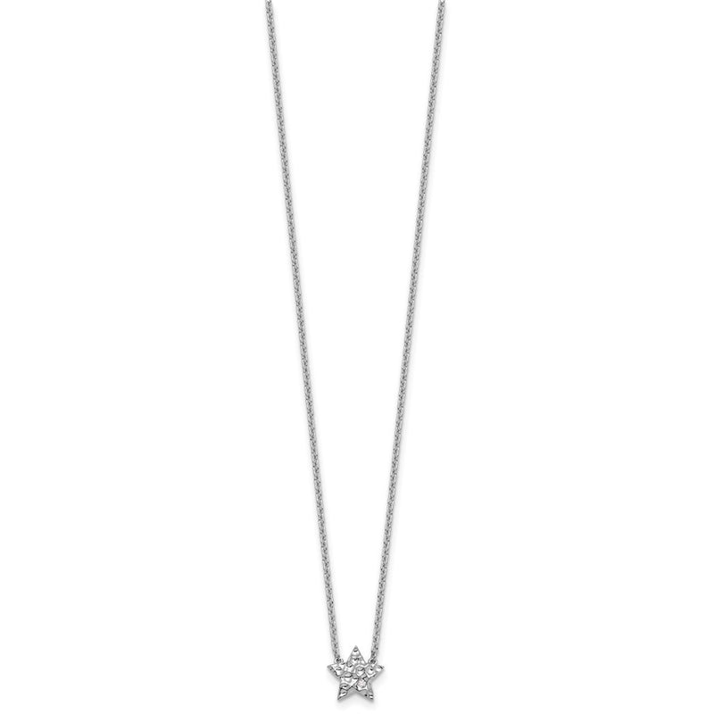 Sterling Silver Rhodium Plated White Ice .01 Dia Textured Star Necklace