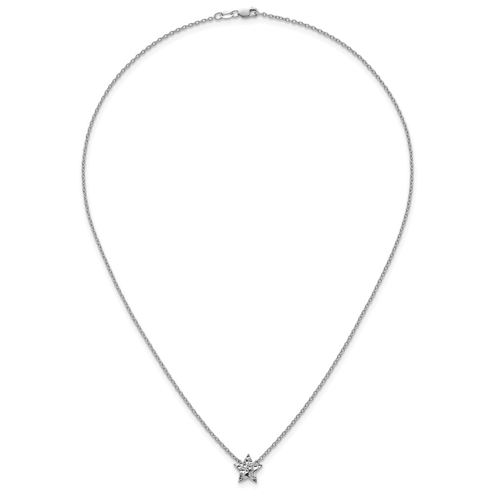 Sterling Silver Rhodium Plated White Ice .01 Dia Textured Star Necklace