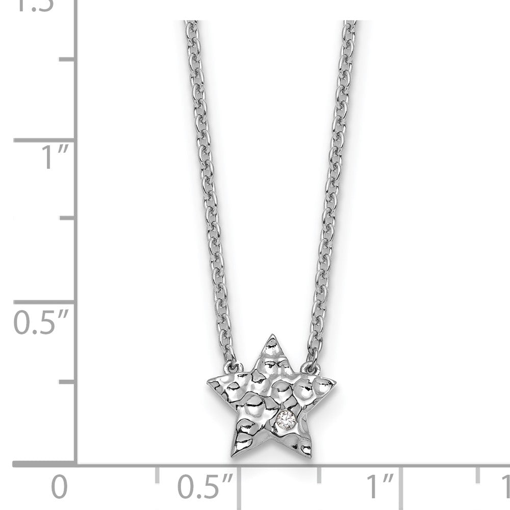 Sterling Silver Rhodium Plated White Ice .01 Dia Textured Star Necklace