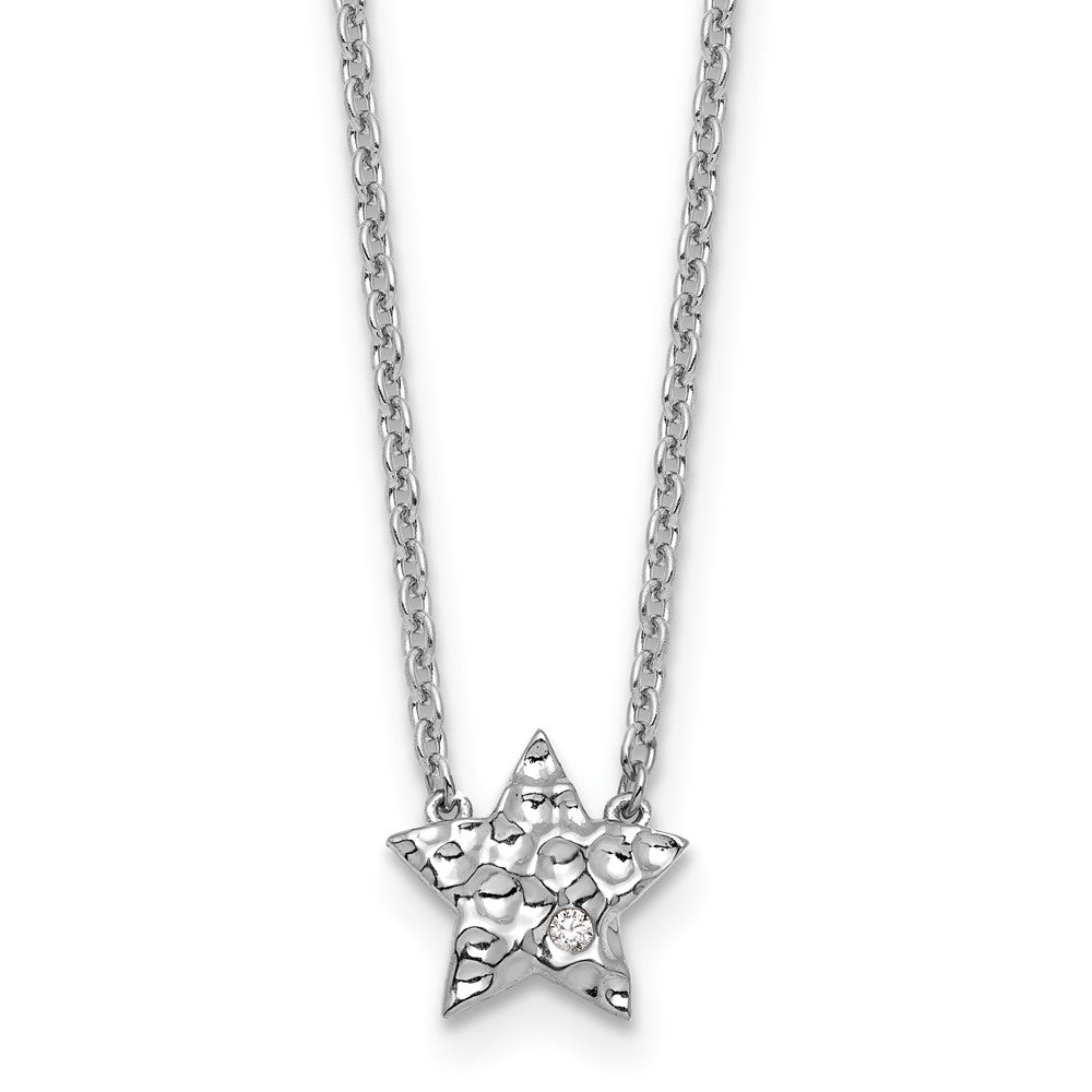 Sterling Silver Rhodium Plated White Ice .01 Dia Textured Star Necklace