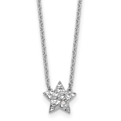 Sterling Silver Rhodium Plated White Ice .01 Dia Textured Star Necklace