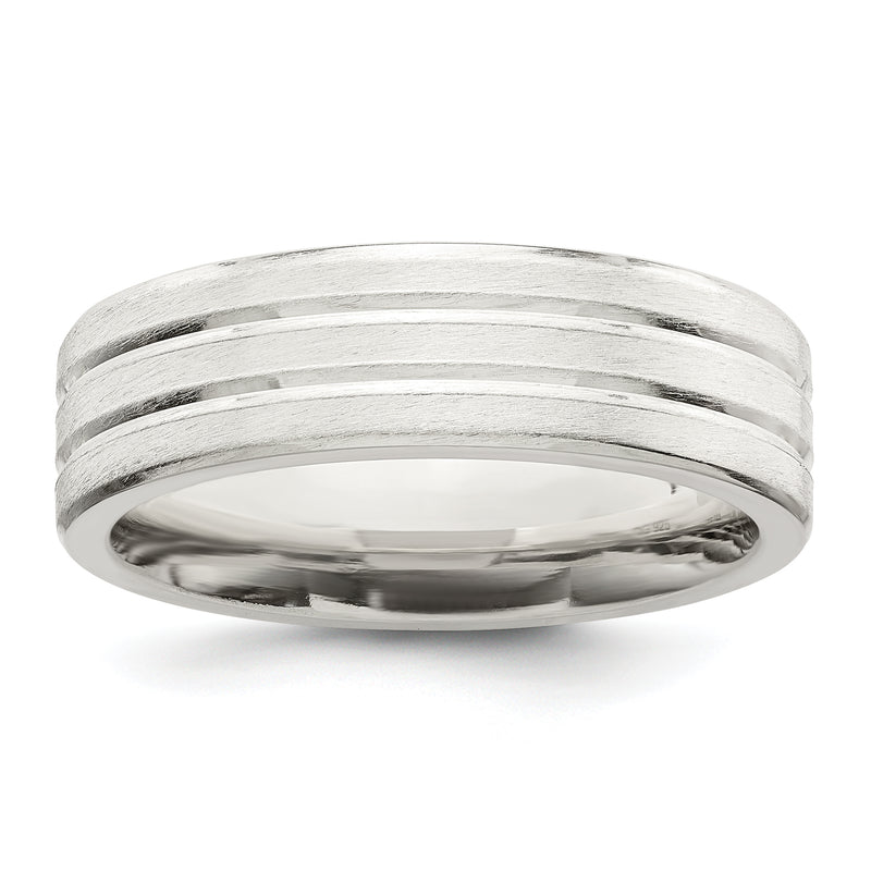 Sterling Silver 6mm Brushed Flat Grooved Fancy Band