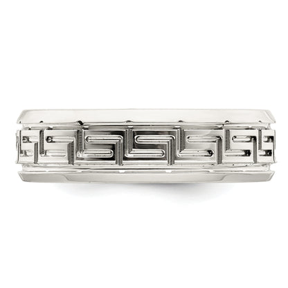 Sterling Silver 6mm Polished Flat Greek Key Design Beveled Edge Fancy Band