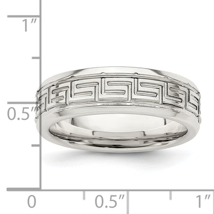 Sterling Silver 6mm Polished Flat Greek Key Design Beveled Edge Fancy Band