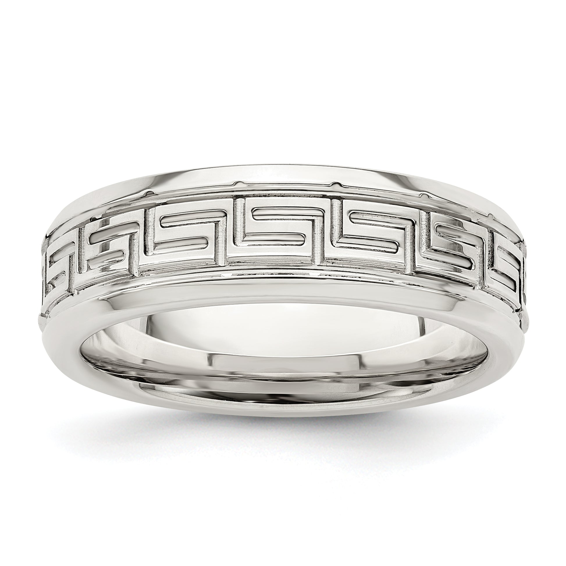 Sterling Silver 6mm Polished Flat Greek Key Design Beveled Edge Fancy Band