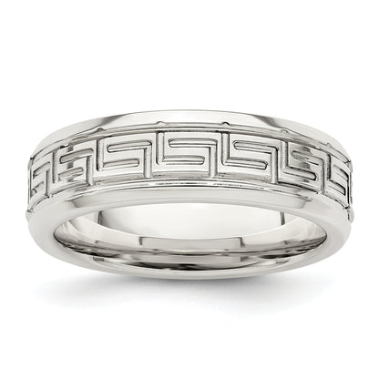 Sterling Silver 6mm Polished Flat Greek Key Design Beveled Edge Fancy Band