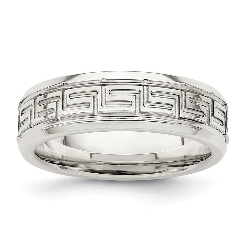Sterling Silver 6mm Polished Flat Greek Key Design Beveled Edge Fancy Band