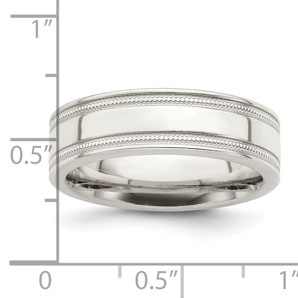 Sterling Silver 6mm Polished Flat Milgrain Grooved Edge Fancy Band
