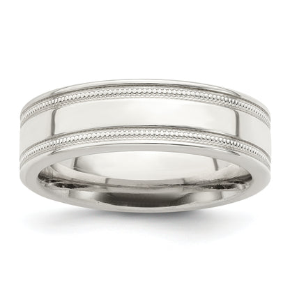 Sterling Silver 6mm Polished Flat Milgrain Grooved Edge Fancy Band