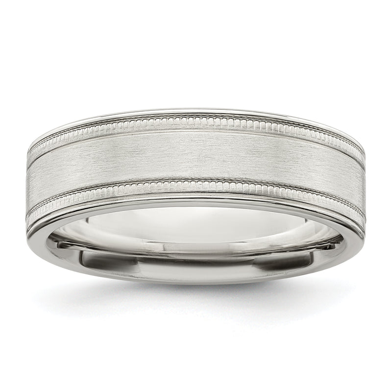 Sterling Silver 6mm Brushed Flat Milgrain Grooved Edge Fancy Band