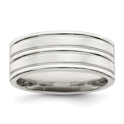 Sterling Silver 8mm Polished Flat Grooved Fancy Band