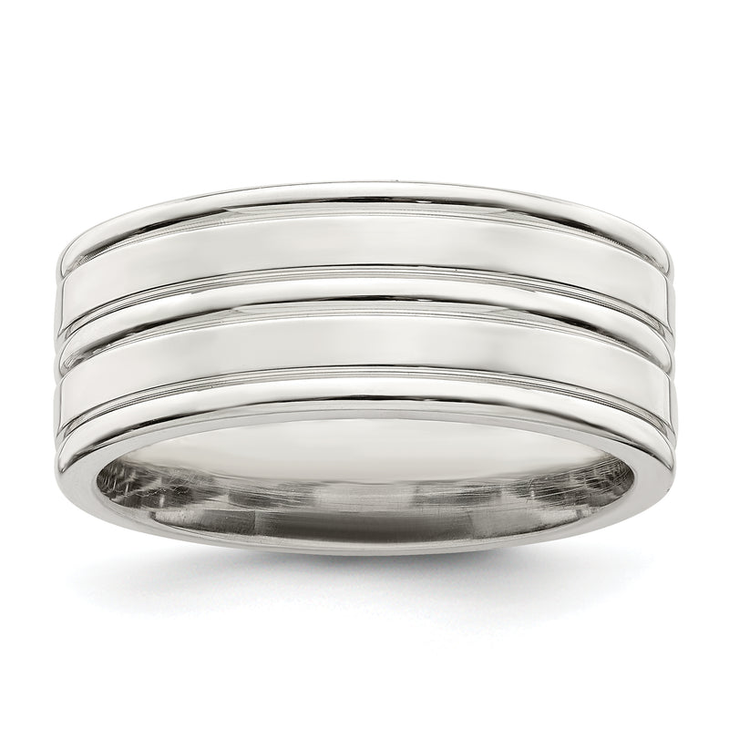 Sterling Silver 8mm Polished Flat Grooved Fancy Band