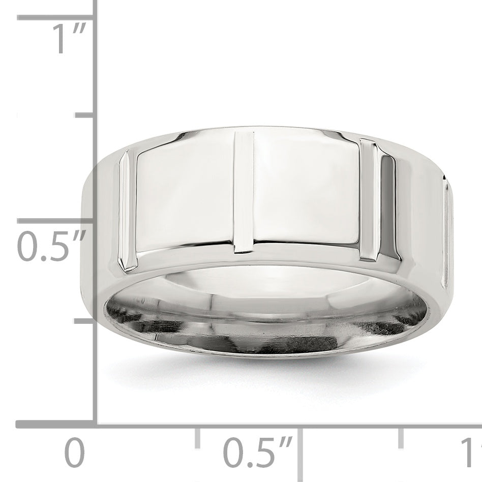 Sterling Silver 8mm Polished Flat Notched Beveled Edge Fancy Band Size 13 (Size 13 Only)
