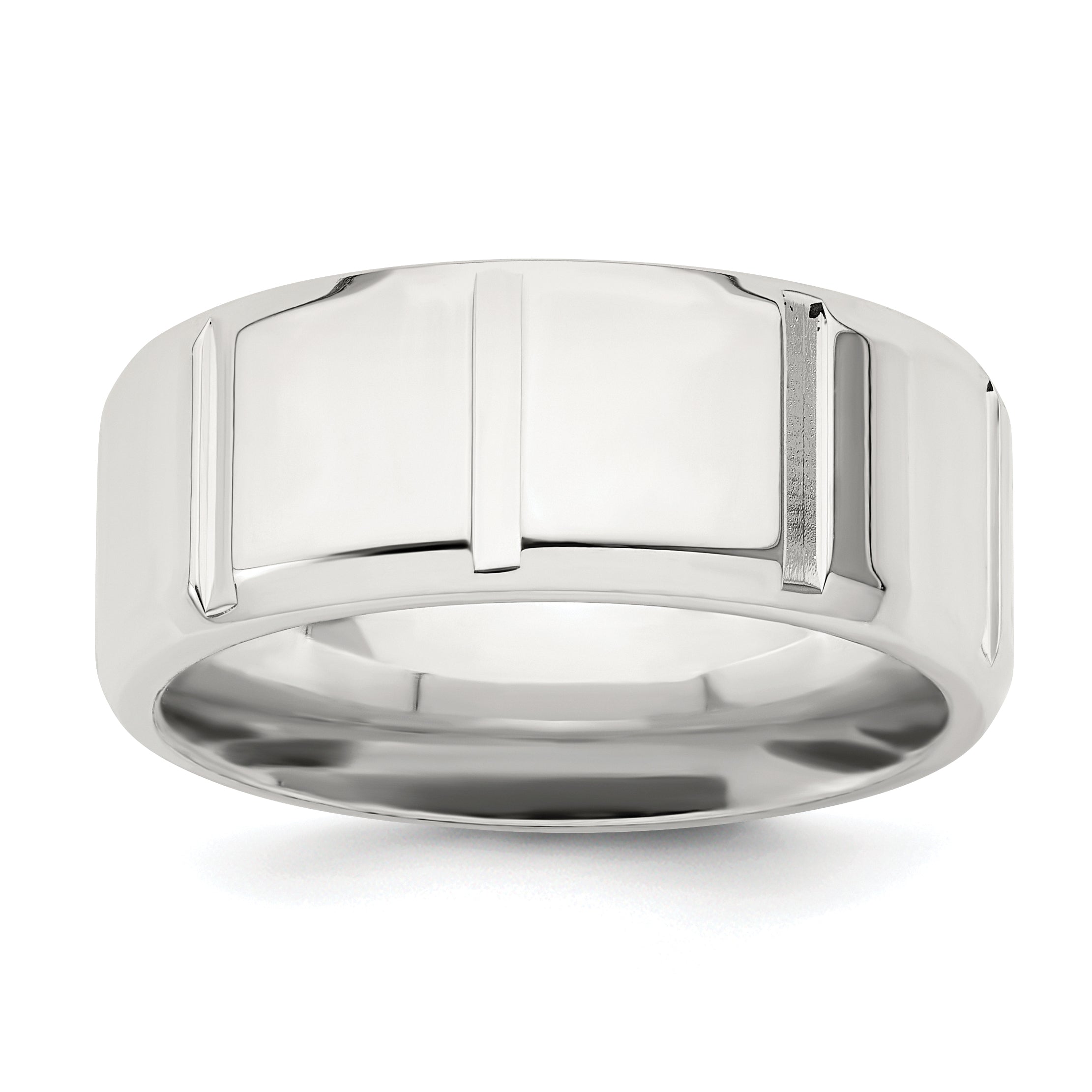 Sterling Silver 8mm Polished Flat Notched Beveled Edge Fancy Band Size 13 (Size 13 Only)