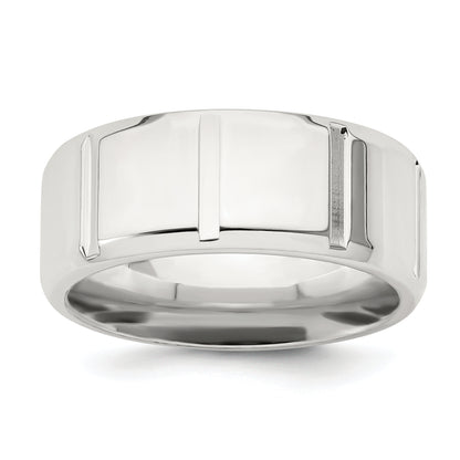 Sterling Silver 8mm Polished Flat Notched Beveled Edge Fancy Band Size 13 (Size 13 Only)
