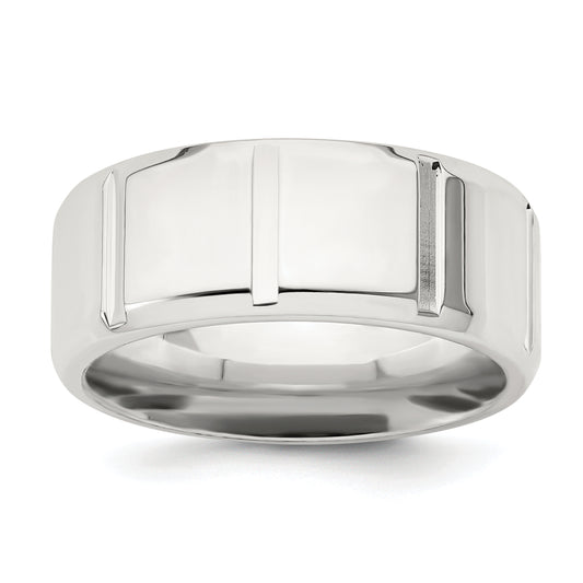 Sterling Silver 8mm Polished Flat Notched Beveled Edge Fancy Band Size 13 (Size 13 Only)