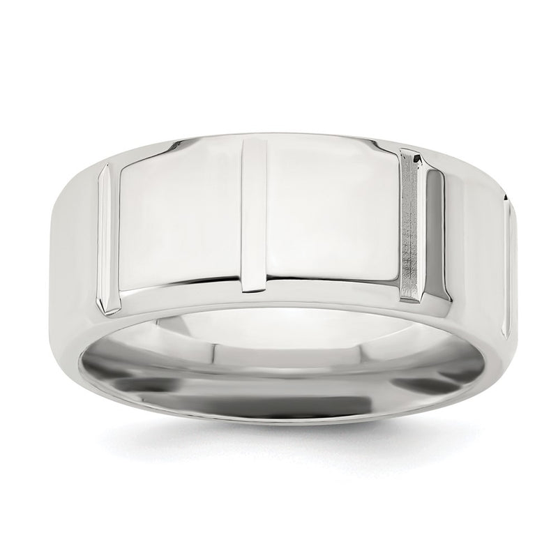 Sterling Silver 8mm Polished Flat Notched Beveled Edge Fancy Band Size 13 (Size 13 Only)