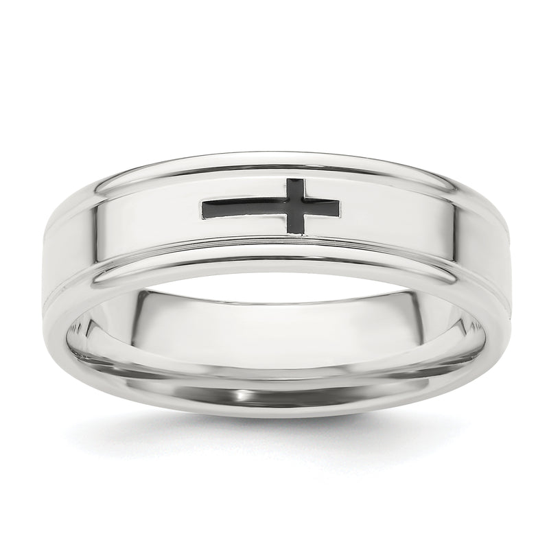 Sterling Silver 6mm Enamel Cross Fancy Band
