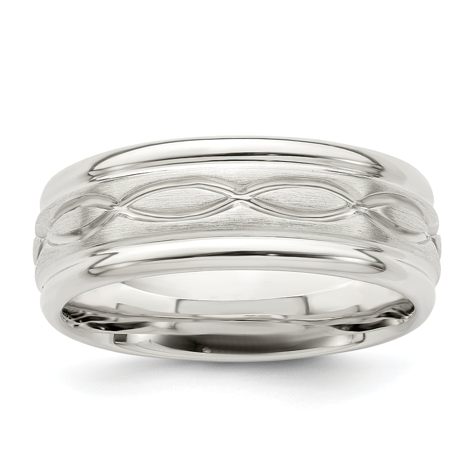 Sterling Silver 7mm Brushed Flat Intertwined Design Beveled Edge Fancy Band