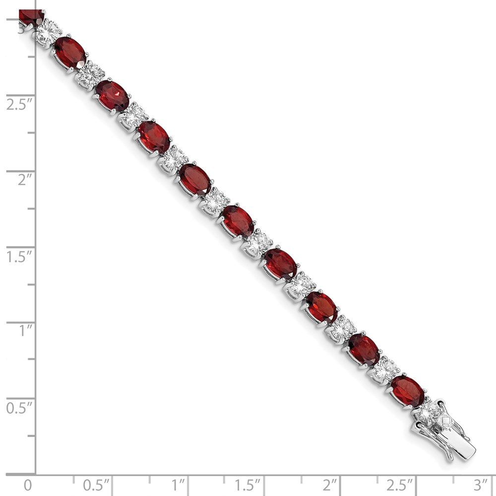 7 Inch Sterling Silver Rhodium-Plated Garnet And Cz Bracelet