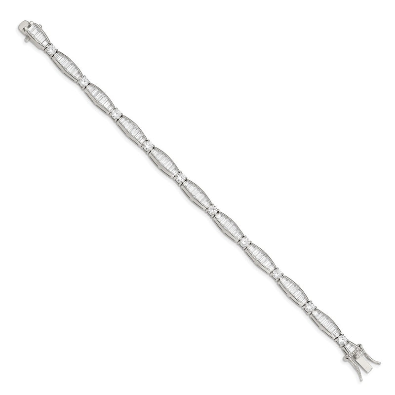 7 Inch Sterling Silver Rhodium-Plated Baguette And Round Cz Bracelet