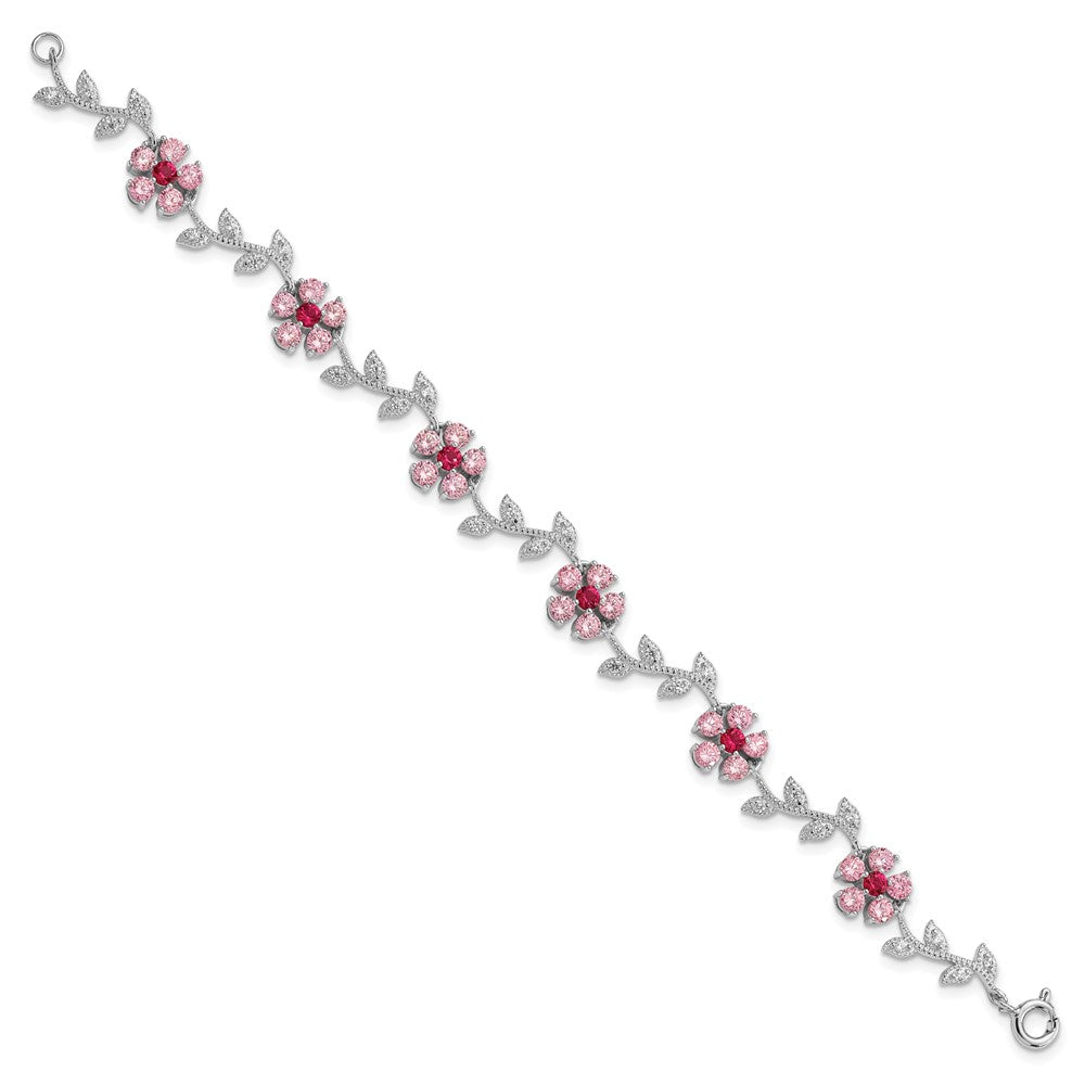 7.75 Inch Sterling Silver Rhod-Plated 7.75In Pink And Clear Cz Flower Bracelet