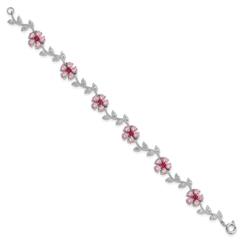 7.75 Inch Sterling Silver Rhod-Plated 7.75In Pink And Clear Cz Flower Bracelet