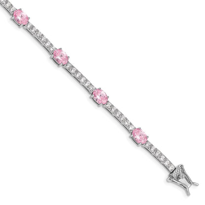 7 Inch Sterling Silver Rhodium-Plated 7Inch Pink And Clear Cz Bracelet