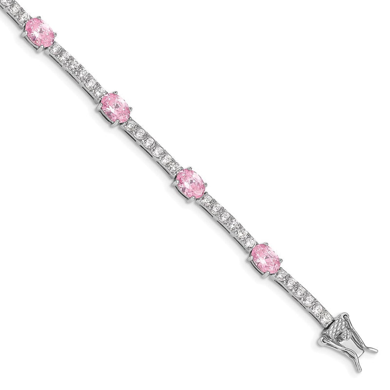 7 Inch Sterling Silver Rhodium-Plated 7Inch Pink And Clear Cz Bracelet