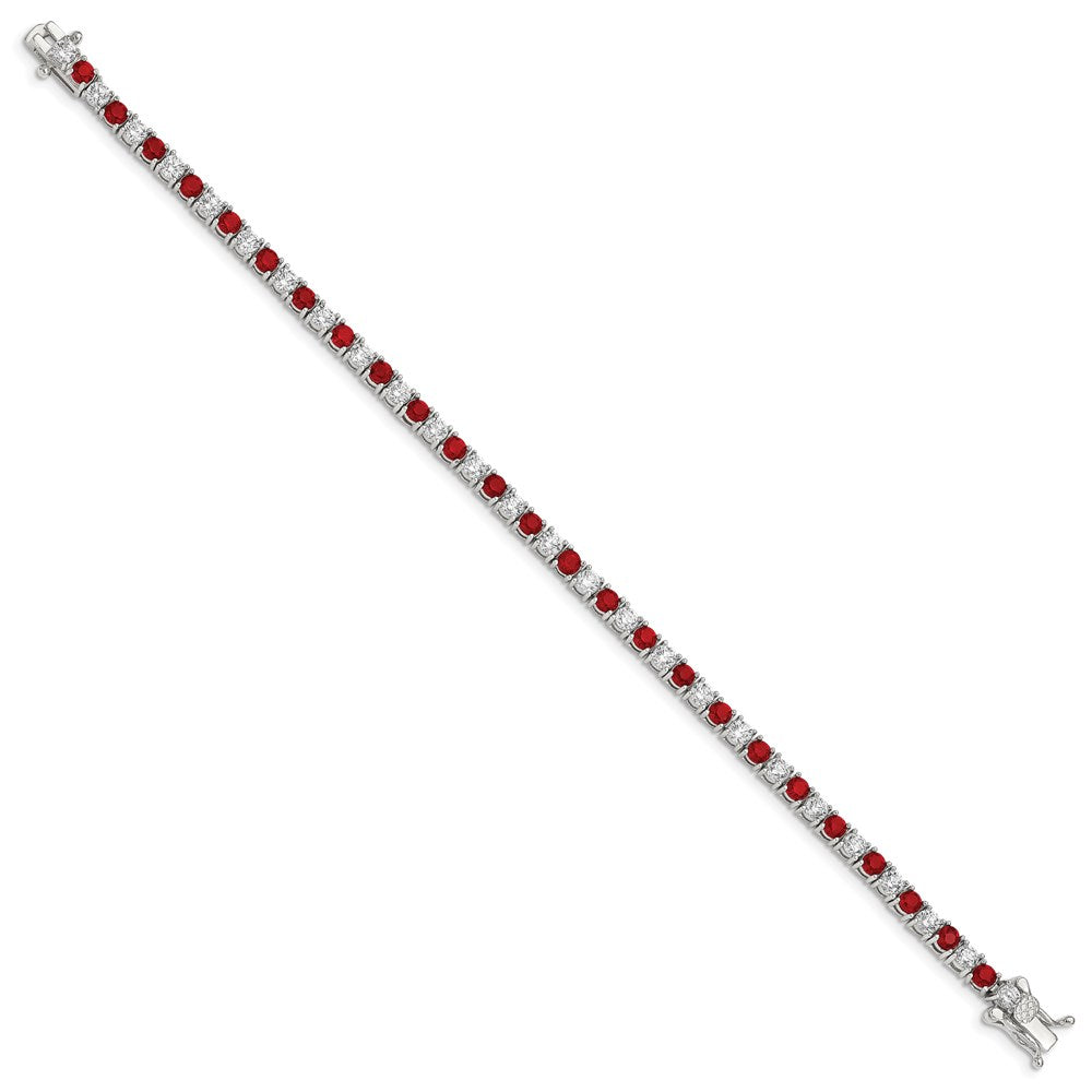 Sterling Silver Rhodium-Plated Red Glass And Cz 7 Inch Bracelet