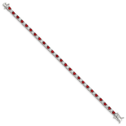 Sterling Silver Rhodium-Plated Red Glass And Cz 7 Inch Bracelet