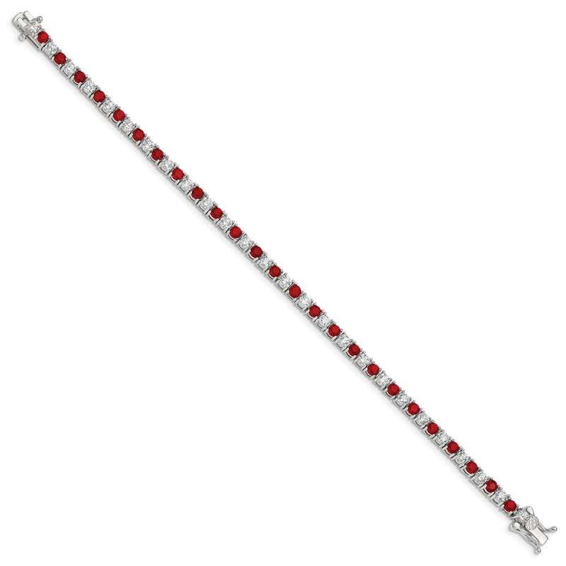 Sterling Silver Rhodium-Plated Red Glass And Cz 7 Inch Bracelet