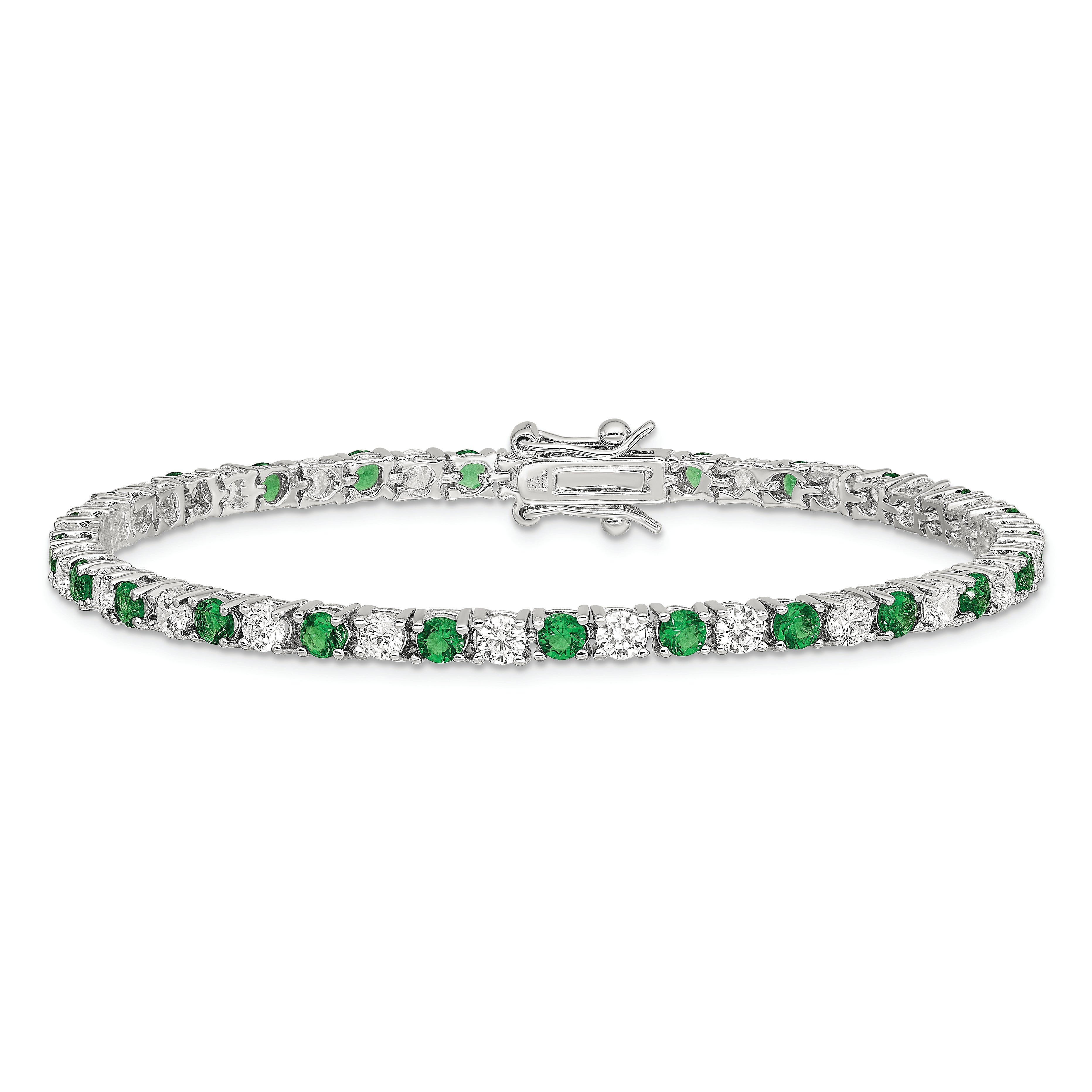Sterling Silver Rhodium-Plated Green Glass And Cz 7 Inch Bracelet