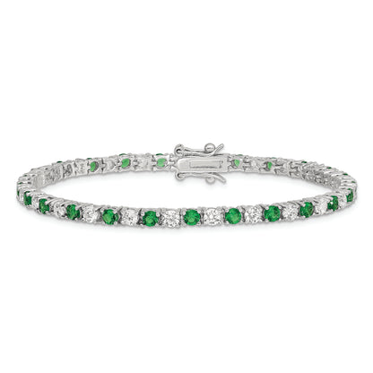 Sterling Silver Rhodium-Plated Green Glass And Cz 7 Inch Bracelet