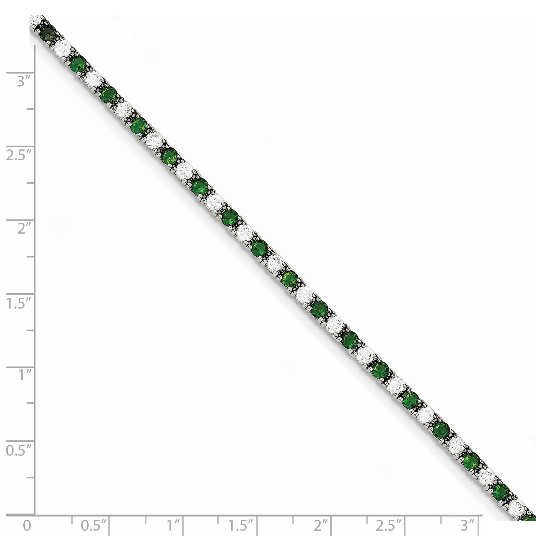 Sterling Silver Rhodium-Plated Green Glass And Cz 7 Inch Bracelet
