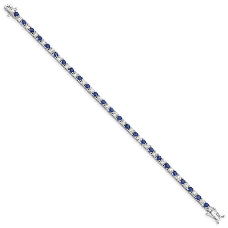 Sterling Silver Rhodium-Plated Blue Glass And Cz 7 Inch Bracelet