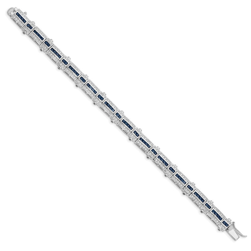 7 Inch Sterling Silver Rhodium-Plated Sapphire & Cz Bracelet