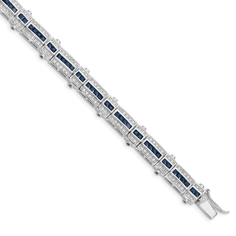 7 Inch Sterling Silver Rhodium-Plated Sapphire & Cz Bracelet