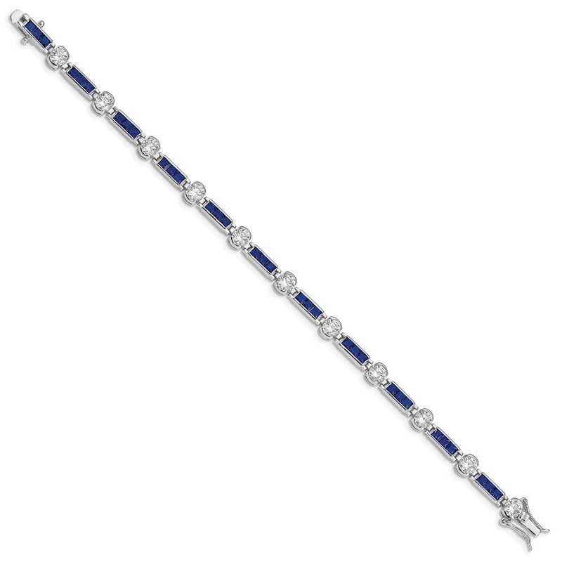 Sterling Silver Rhodium-Plated Blue Glass And Cz 7.25 Inch Bracelet