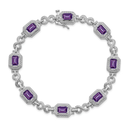 7 Inch Sterling Silver Rhodium-Plated Diamond & Amethyst Bracelet