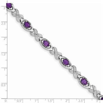 7.5 Inch Sterling Silver Rhodium-Plated Diamond & Amethyst Bracelet