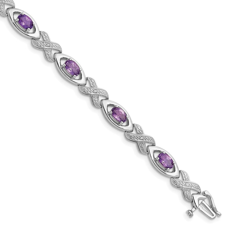 7.5 Inch Sterling Silver Rhodium-Plated Diamond & Amethyst Bracelet