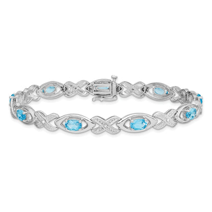 7 Inch Sterling Silver Rhodium-Plated Diamond & Light Swiss Blue Topaz Bracelet
