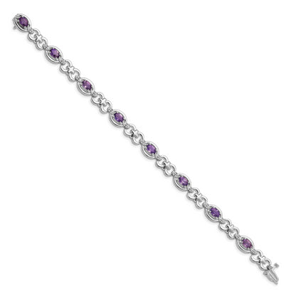 7 Inch Sterling Silver Rhodium-Plated Diamond & Amethyst Bracelet