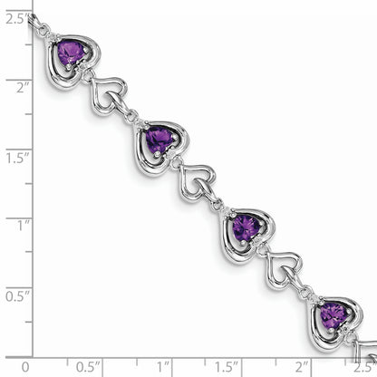 7 Inch Sterling Silver Rhodium-Plated Diamond & Heart Link Amethyst Bracelet
