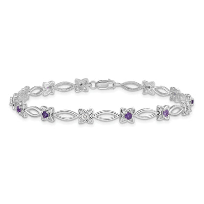 7 Inch Sterling Silver Rhodium-Plated Amethyst & Diamond Bracelet
